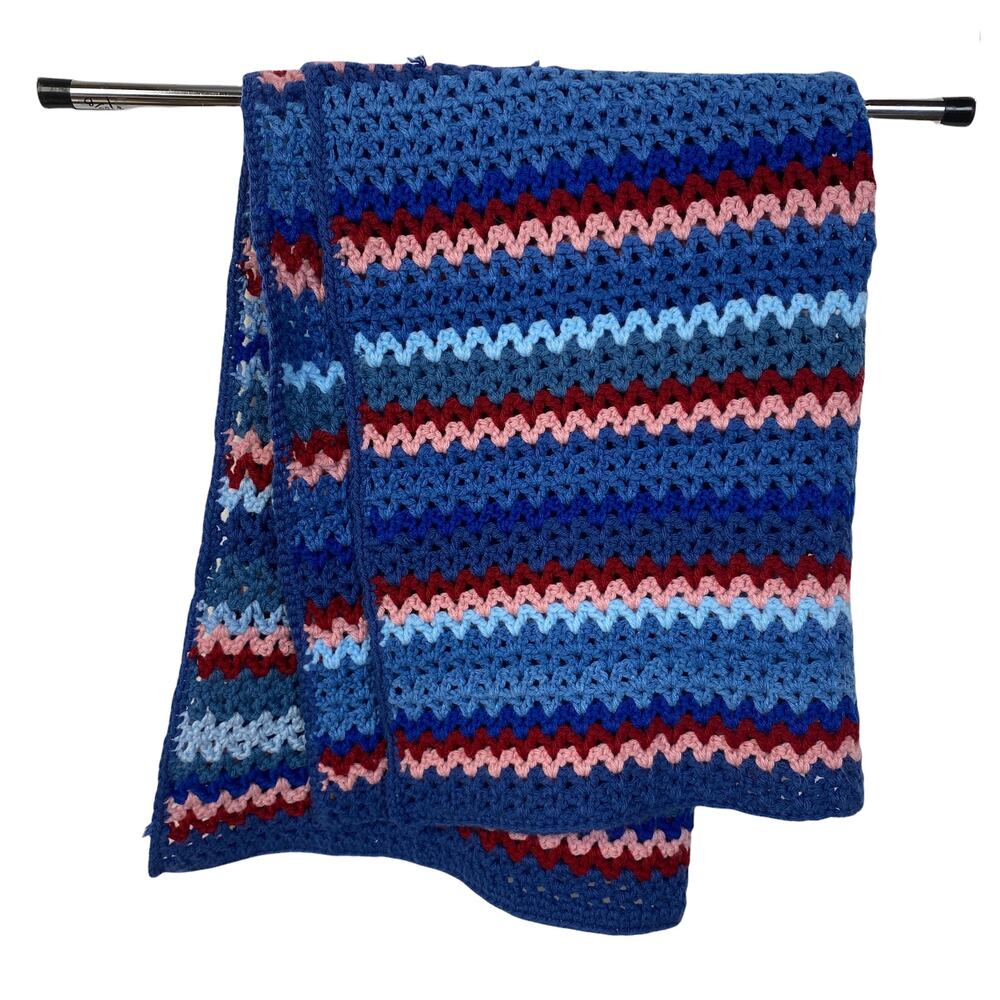 Knit or Crocheted Baby or Lap Blanket Lap Afghan Blue Red Pink Boho Granny
